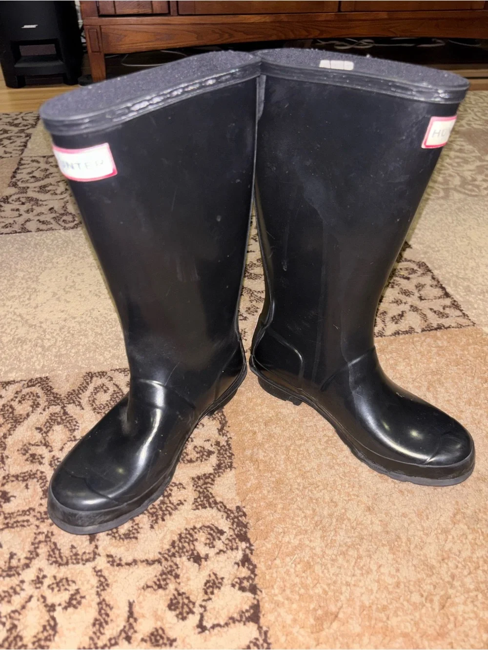 Girls Hunter Black Tall Gloss Rain Boots with Red Logo